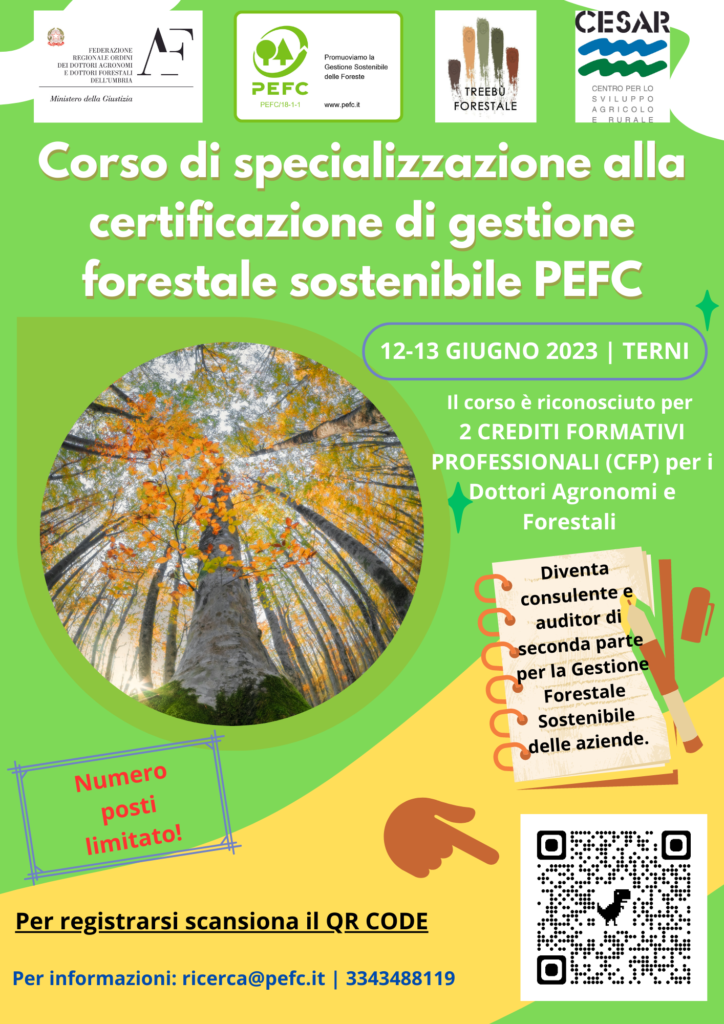 Corso di specializzazione alla certificazione di gestione forestale sostenibile PEFC v 25.5.23 Il 12-13 giugno a Terni si terrà il corso di specializzazione alla certificazione di gestione forestale sostenibile PEFC Italia