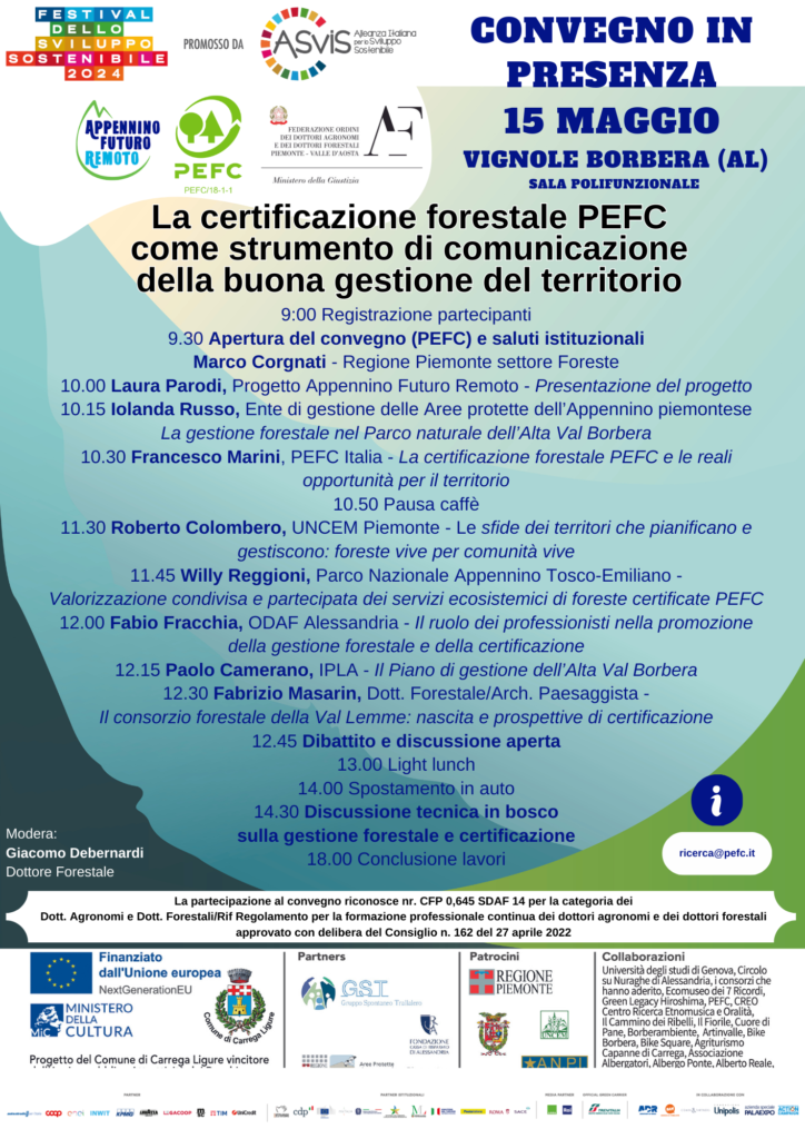 Locandina convegno 15 maggio con logo ASVIS 15 maggio: il PEFC Italia in Alta Val Borbera per parlare di certificazione forestale